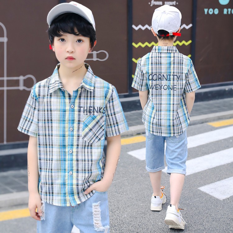 男女童纯棉衬衫春夏季新款长袖格子上衣中大童字母印花衬衫直销潮|ru