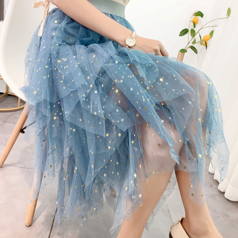 Irregular mesh skirt gauze skirt sequine...