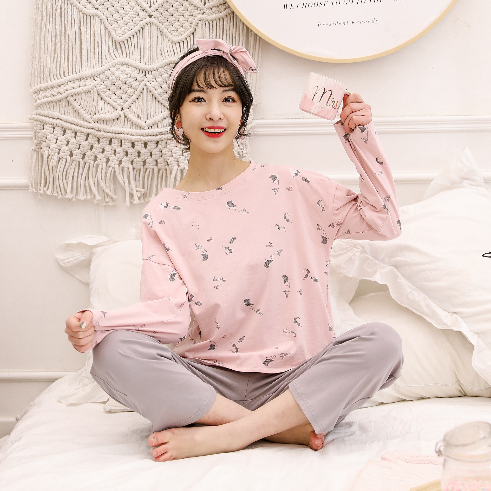 新款睡衣女長袖春秋季韓版女士大碼薄款夏季全棉家居服兩件套裝