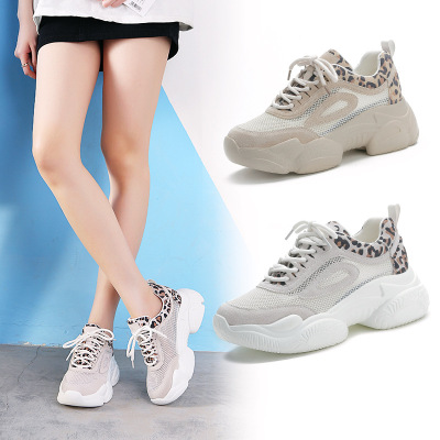2019 summer new pattern genuine leather Diddy The thickness of the bottom Net surface ventilation Women's Shoes Leopard Increase leisure time gym shoes