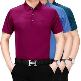 桑蚕丝2019夏季新款男式短袖T恤男商务休闲翻领碎花T恤爸爸装体恤