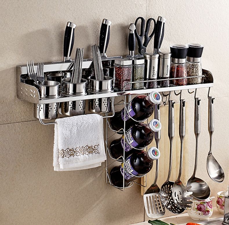 一件代发厨房置物架304不锈钢调料架壁挂收纳储物刀架免打孔用品|ms