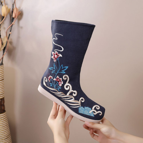 Women Chinese hanfu fairy dress shoes princess stage performance cosplay boots Antique soap boots with bow shoes Embroidered cloth boots for female