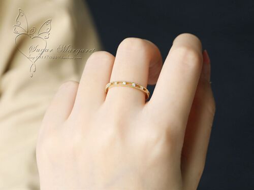 925 sterling silver plated with 14k gold, 7 small diamonds, small fresh ring for women, Japanese agete style, slim and versatile, stackable