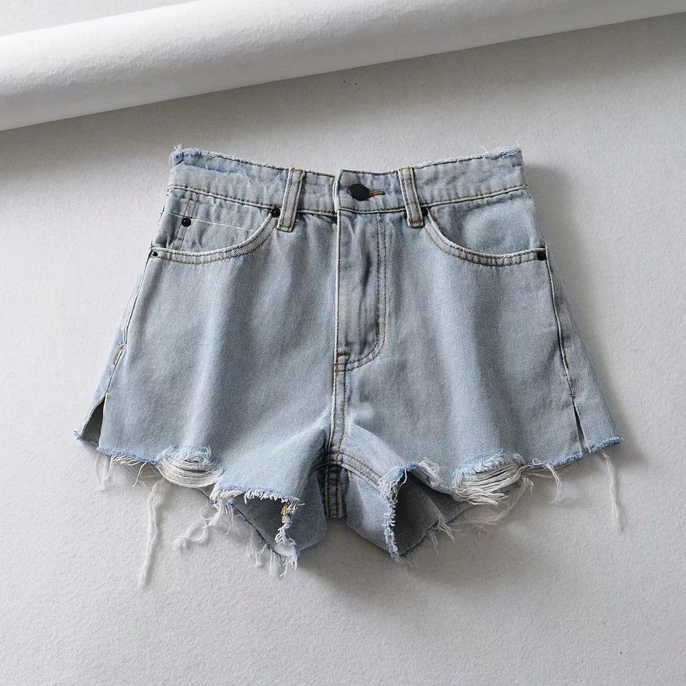 high-waisted side slit tight denim shorts  NSHS31732