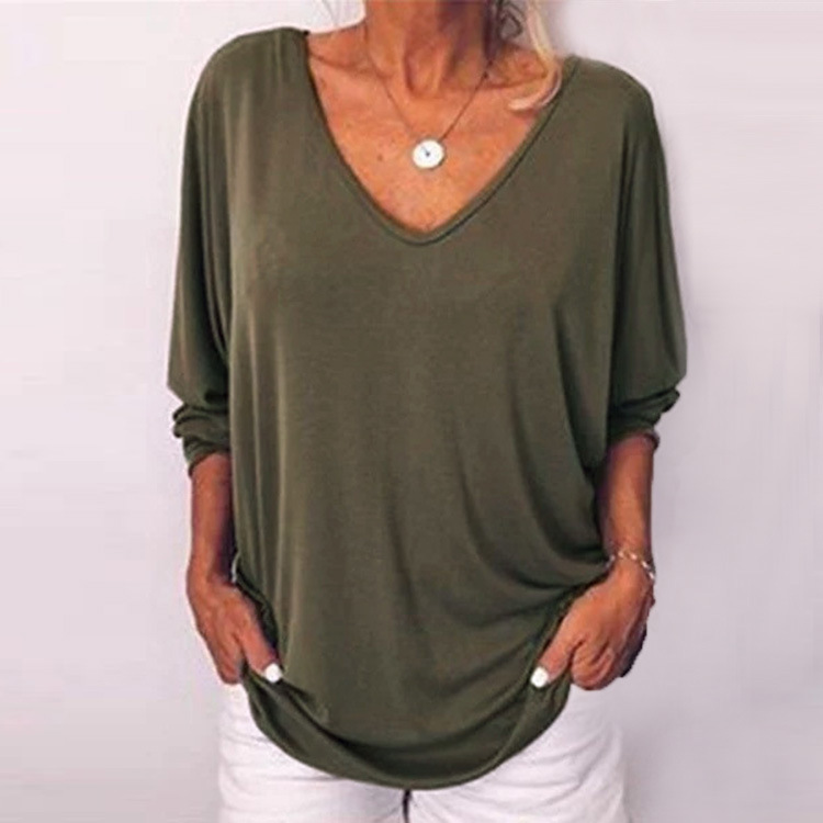 Fashion Solid Color Polyester V Neck 3/4 Length Sleeve Batwing Sleeve Button T-shirt display picture 25