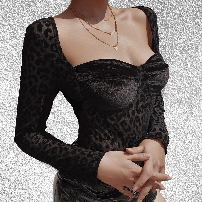 See-Through Net Leopard Print Stitching Mesh Slim Jumpsuit NSAFS102721