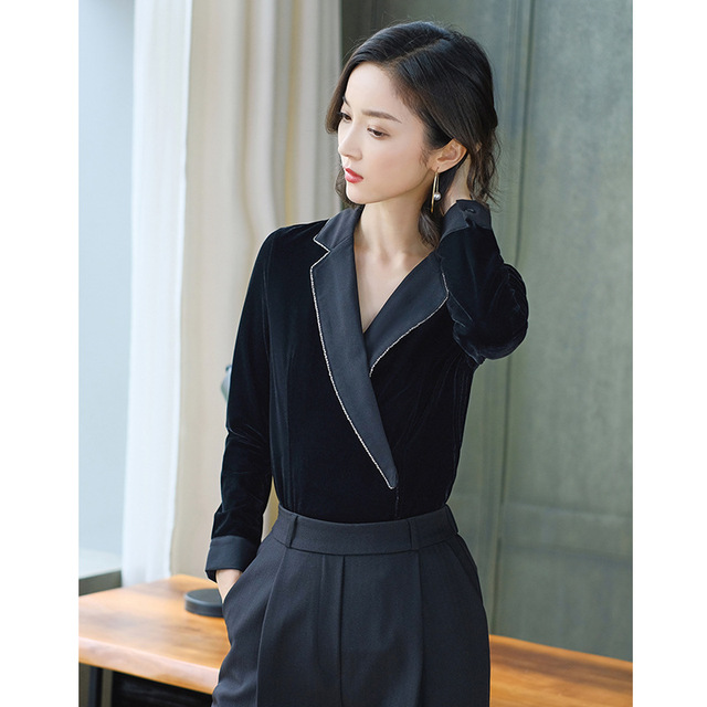 Black gold velvet shirt women’s long sleeve Vintage top autumn and winter V-neck shirt