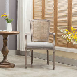北欧法式复古布艺餐椅橡木做旧藤书房美式卧室实木扶手餐厅沙发椅
