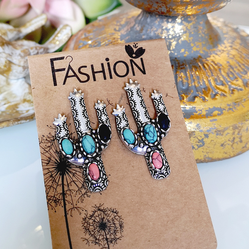 New Retro Cactus Earrings Inlaid Colorful Turquoise Exaggerated Earrings Wholesale display picture 1