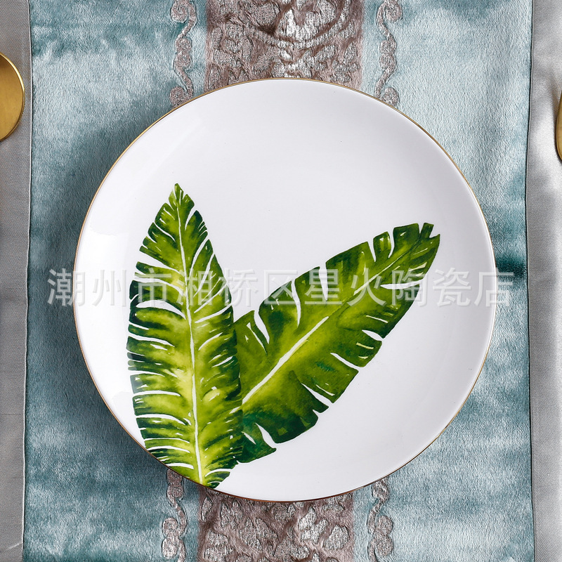 Simple Ceramic Drawing Gold Home Western-style Tableware Set European-style American Restaurant Table Sample Room Green Leaf Plate