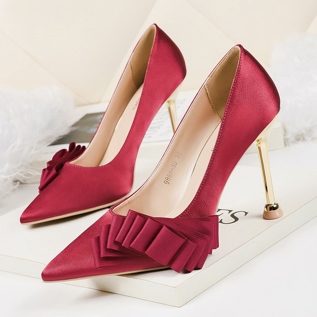 pointed shallow high-heeled shoes bow knot single-shoe slim-heeled 