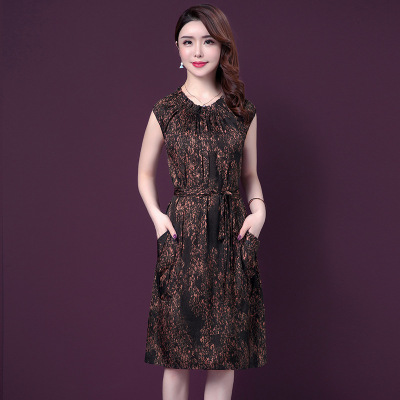 厂家直销2019新款真丝香云纱连衣裙夏季女中长款碎花宽松桑蚕丝裙