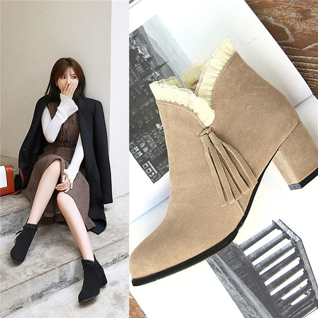 Autumn and winter Plush fashion elegant zipper tassel. Lace lace thick heel short boots