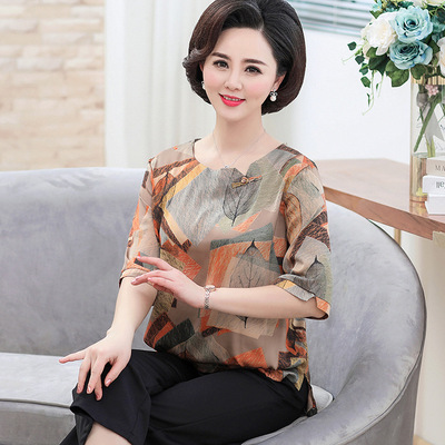 2021 summer Middle and old age Women's wear Two piece set T-shirts printing Short sleeve Silk like suit Easy Mom outfit