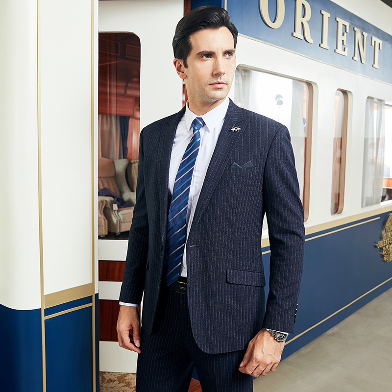 Blue British Slim-Fit Dress Blue Wool Pinstripe Suit suit Male Groom Wedding Suit