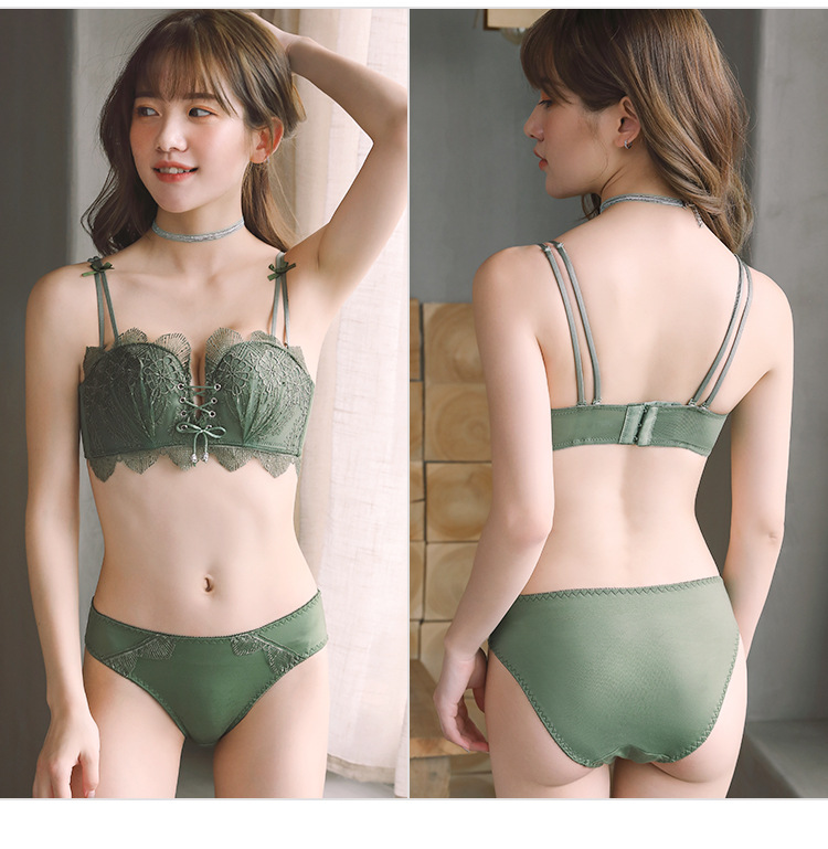 少女蕾丝无痕舒适内衣性感无钢圈LB绑带小胸聚拢文胸套装