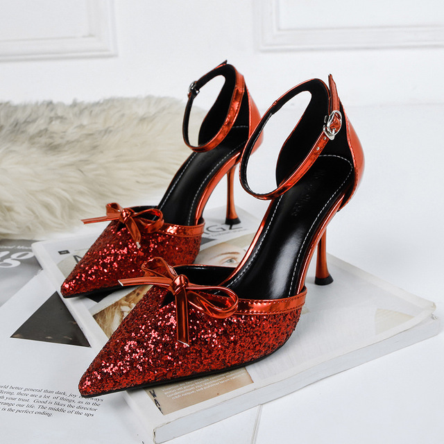Fashion pointed bow high heel shoes sequined sandals thin heels