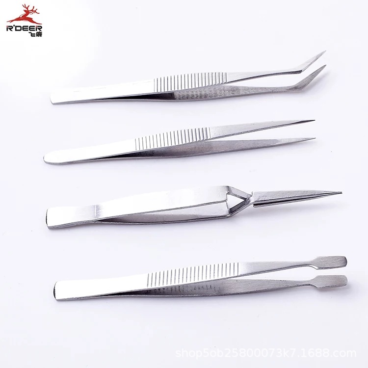 货源批发飞鹿4件套加硬不锈钢镊子套装尖头弯头扁头医用镊子