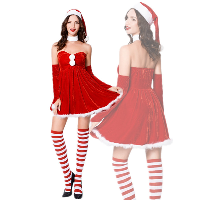 Santa Dress Up Claus Clothes Female Adult Christmas Sexy Red Strapless Dress ds Show Party Dress