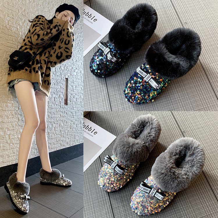 2019女鞋雪地靴新款韩版时尚加绒亮片防滑平底棉鞋百搭毛毛鞋保暖