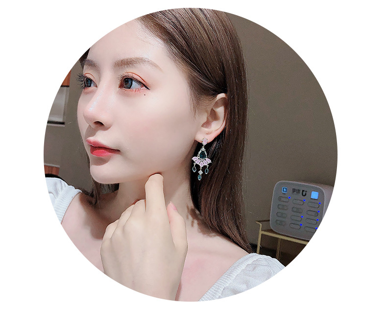 S925 Silver Vintage Color Zircon Protein Powder Long Heavy Industry Light Luxury Earrings display picture 1