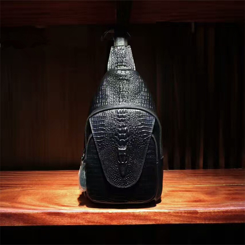 皮居士2021新款真皮男女百搭胸包男斜挎包头层牛皮鳄鱼纹休闲背包|ru