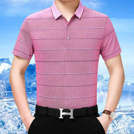 2019夏季新款中老年男装翻领宽松上衣 男士条纹商务休闲短袖T恤男