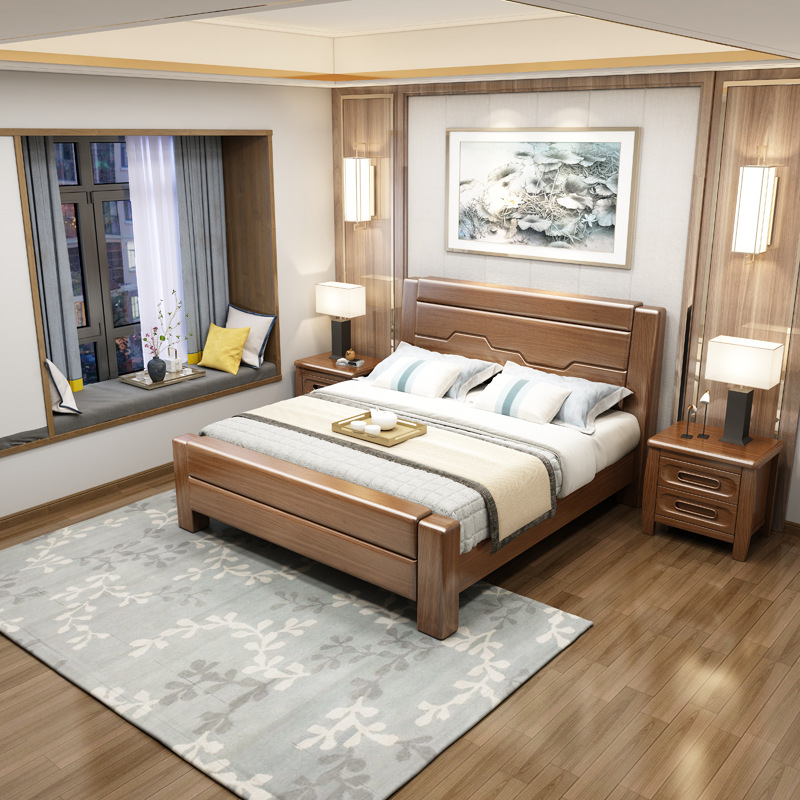 厂家供应胡桃木实木床现代简约床主卧高箱储物床双人床1.8米1.5米