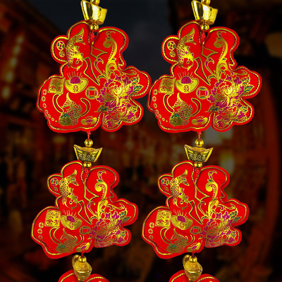 春节喜庆挂件荷花福字中国结灯笼挂饰 绒布烫金五福串厂家直销