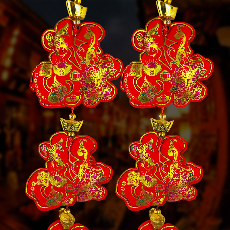 春节喜庆挂件荷花福字中国结灯笼挂饰 绒布烫金五福串厂家直销