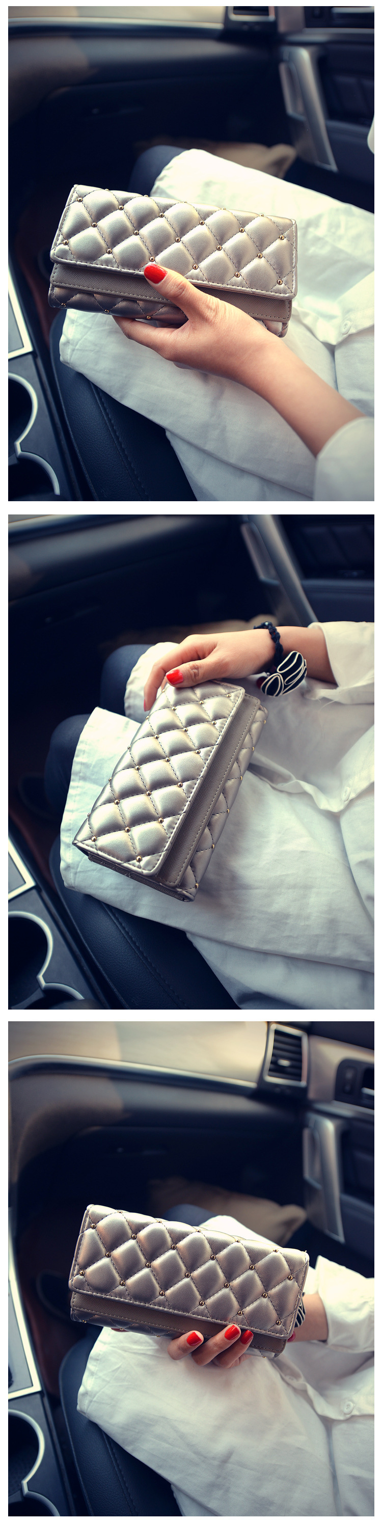 195g Weight Polyester Lining Material Magnetic Buckle Closure Type Pu Leather Material Solid Color Pattern Women'S Gender Fashion Style Square Shape Pink, Champagne, Black Color Korean  Diamond Tri-fold Large-capacity Wallet Wholesale 4