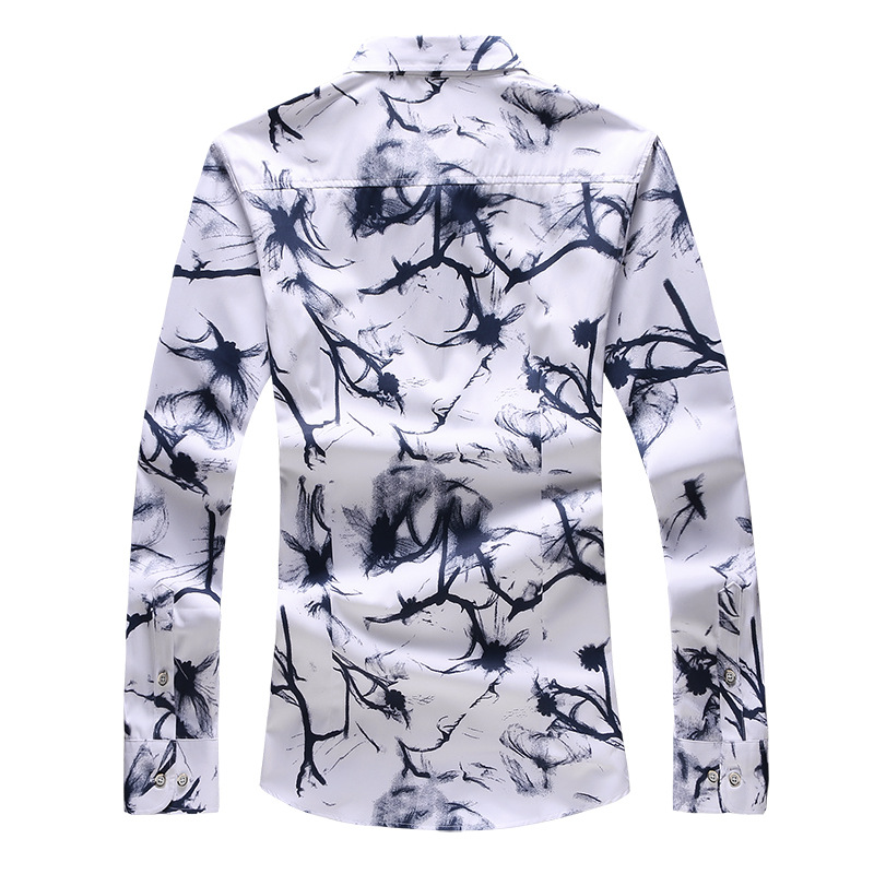 Spring and Autumn New Men's Satin Flower Long-sleeved Slim-fit Shirt Ink Print Trendy Men's Plus Size Men's Floral Shirt