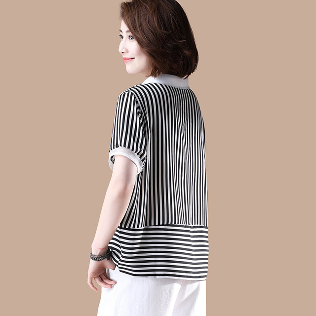 Chiffon Shirt Short Sleeve Black and white striped shirt