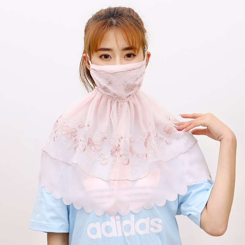 新品夏季護頸防紫外線口罩雙層蕾絲小花防曬面罩超大護脖口罩批發