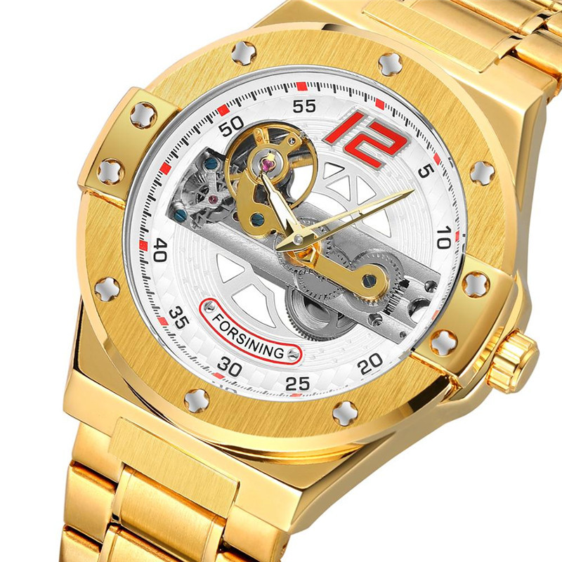 Forsining Fusini correa de acero de los hombres casual reloj mecánico automático transparente inferior hueco motocicleta reloj 897