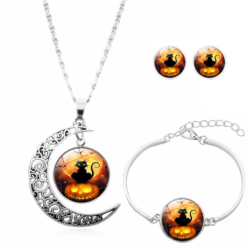 Set gioielli halloween gatto nero collana orecchini bracciale_voghion.com