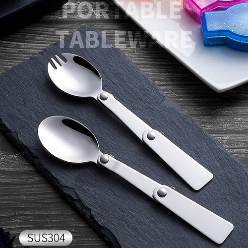 304 stainless steel folding tri-fold spoon picnic portable stew beaker spoon outdoor travel spoon manufacturer wholesale