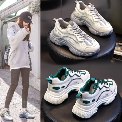 真皮ins女鞋2020夏季新款休闲运动百搭老爹潮鞋女厚底浅口鞋子女