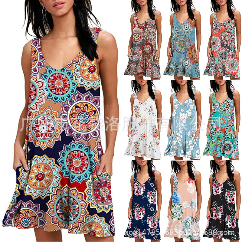 Amazon 2020 spring and summer cross-border V-neck print sleeveless vest pocket dress casual and knee