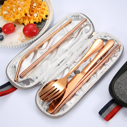 Cross-border Amazon stainless steel portable cutlery set for students outdoor travel spoon fork chopsticks straw combo set
