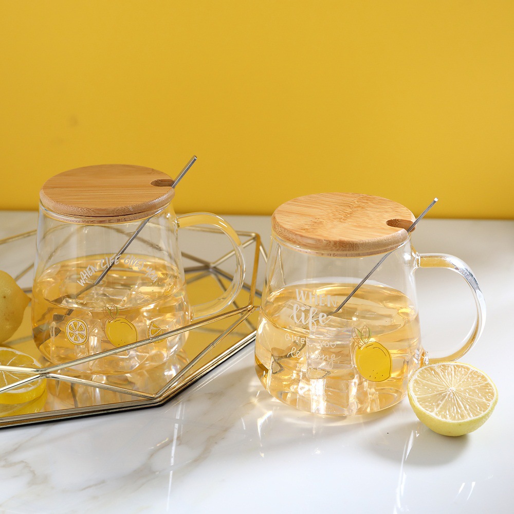 Simple creativo limón taza de cristal con tapa Cuchara regalo transparente beber fruta resistente a altas temperaturas