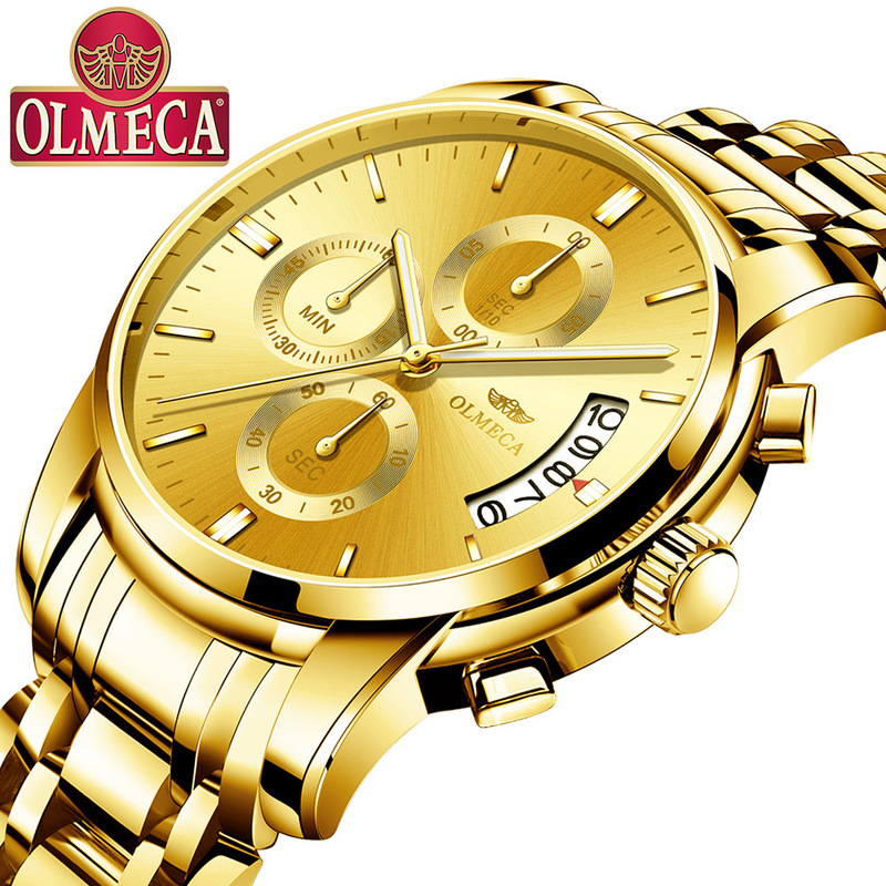 OLMECA butterfly snap steel belt three-eye six-pin multi-functional men's watch waterproof luminous quartz sports watch