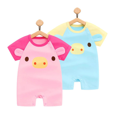 猪猪女婴儿纯棉短袖宝宝哈衣夏季童装男童连体衣卡通一岁夏装衣服|ru