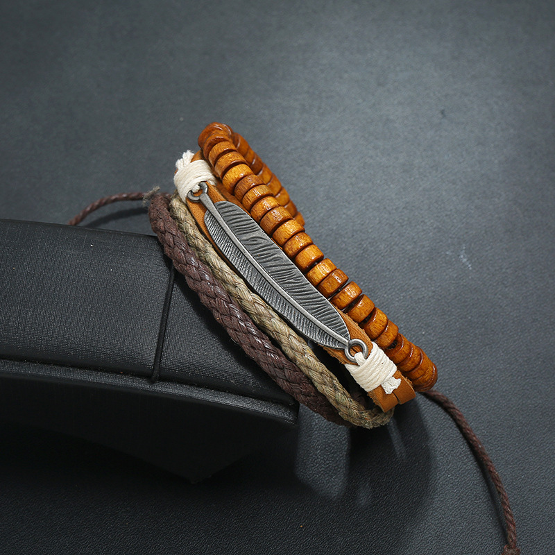 Vintage Multilayer Alloy Feather Cowhide New Wood Bead Bracelet