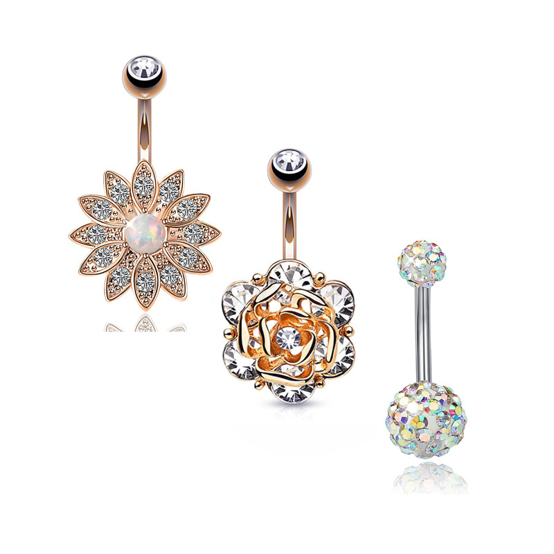 Fashion Flower Stainless Steel Diamond Zircon Belly Ring 3 Pieces display picture 1