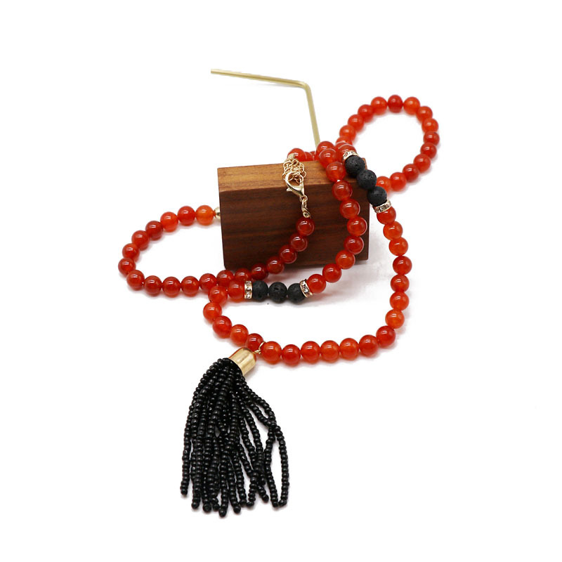 Red Agate Stone Bead Necklace Sweater Chain Handmade Tassel Beaded Necklace Necklace display picture 4