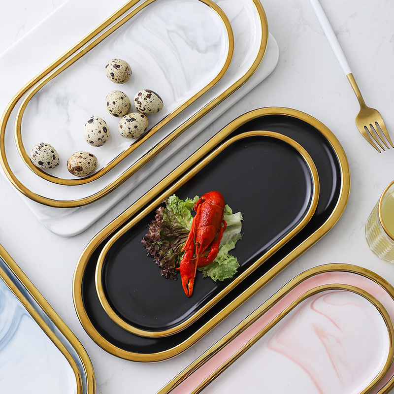 Nordic ins Creative Simple Marble Pattern Ceramic Plate Oval Plate Steak Plate Home Storage Jewelry Plate Tray
