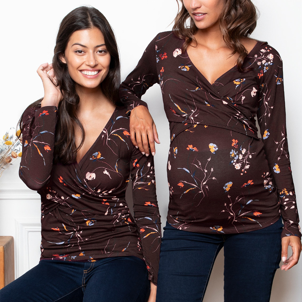 Deep V Neck Long Sleeve Printed/Solid Color Breastfeeding Maternity Wear NSHYF116739