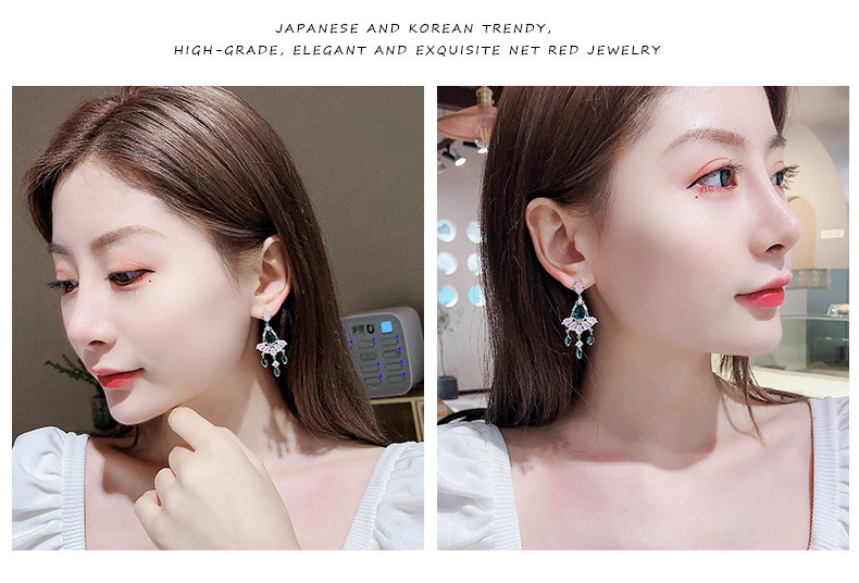 S925 Silver Vintage Color Zircon Protein Powder Long Heavy Industry Light Luxury Earrings display picture 10